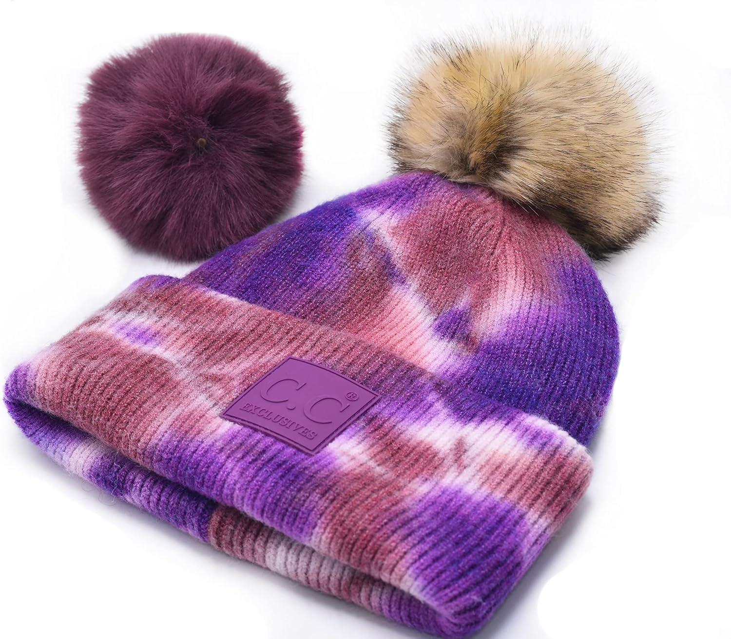 imageCC Knit Beanie with 2 Detachable Matching and Natural Poms  Soft Cuffed Winter Hat Warm Stretchy Skull CapTie Dye Iris  Wild Ginger