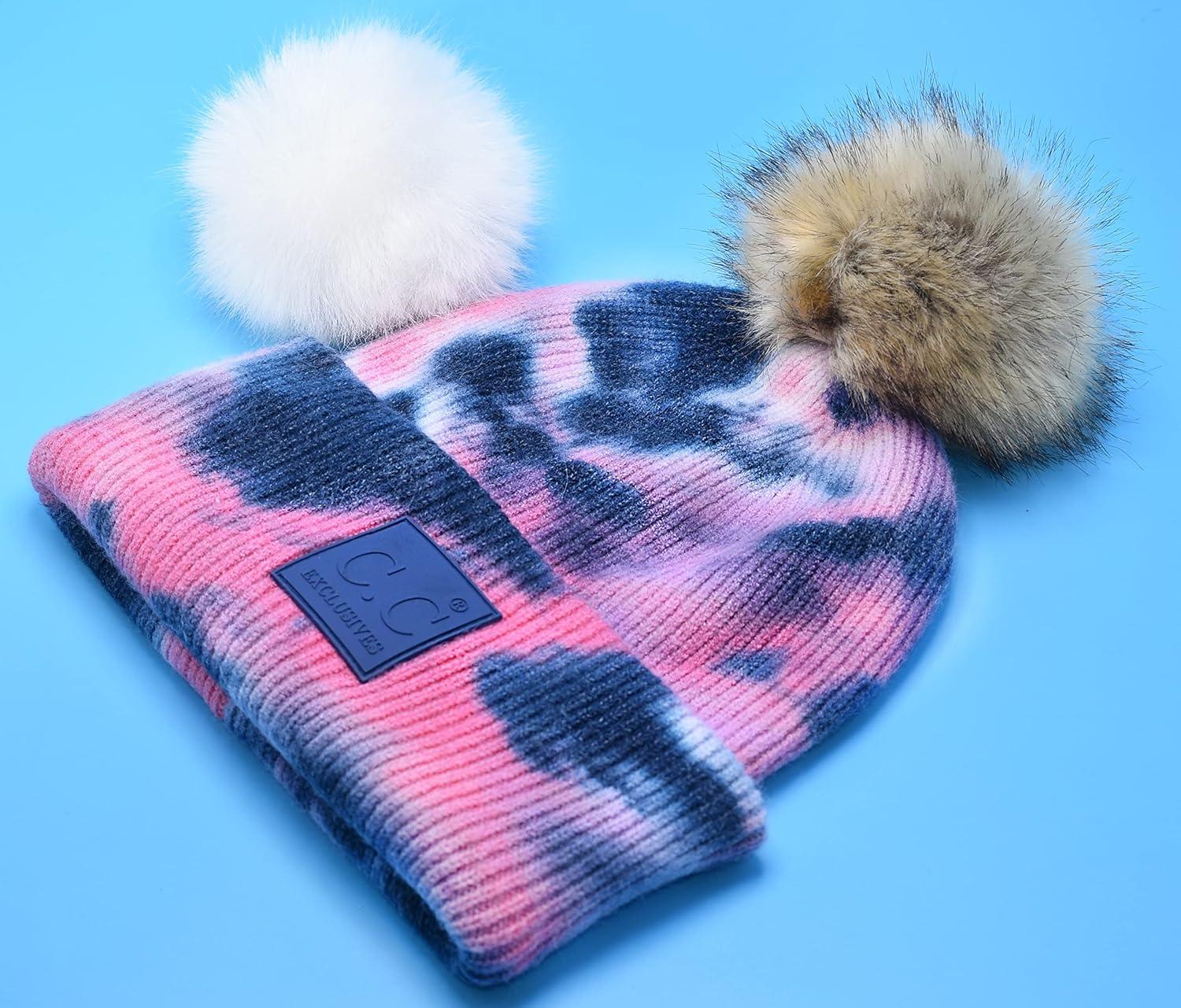 imageCC Knit Beanie with 2 Detachable Matching and Natural Poms  Soft Cuffed Winter Hat Warm Stretchy Skull CapTie Dye Navy  Pink