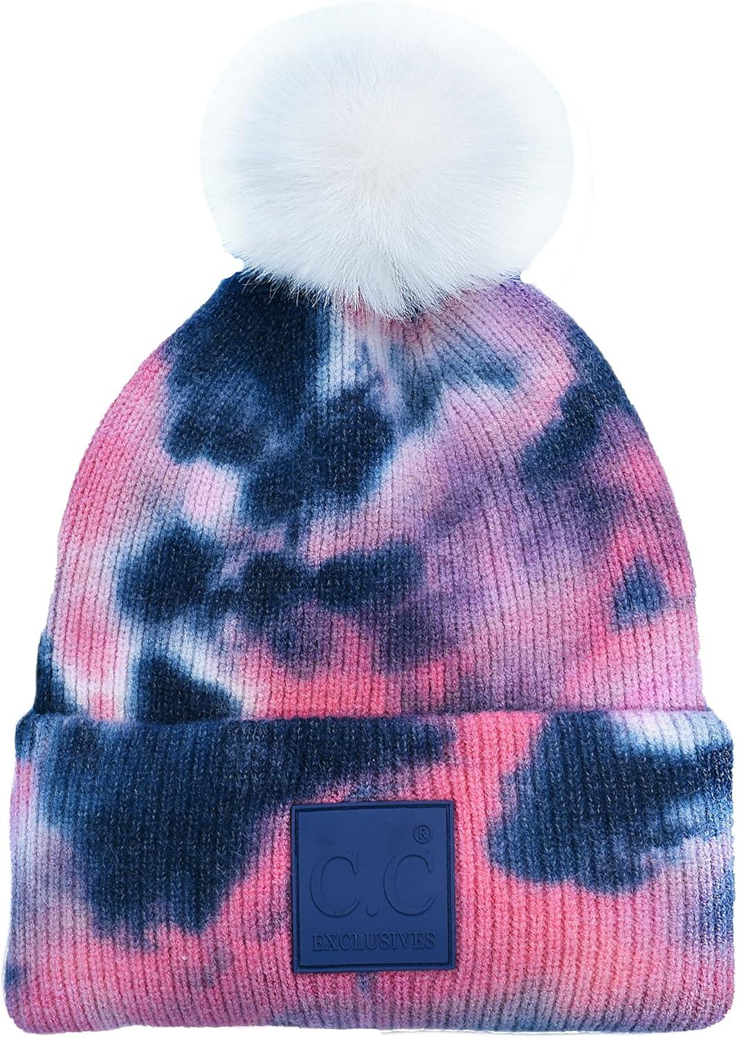 imageCC Knit Beanie with 2 Detachable Matching and Natural Poms  Soft Cuffed Winter Hat Warm Stretchy Skull CapTie Dye Navy  Pink