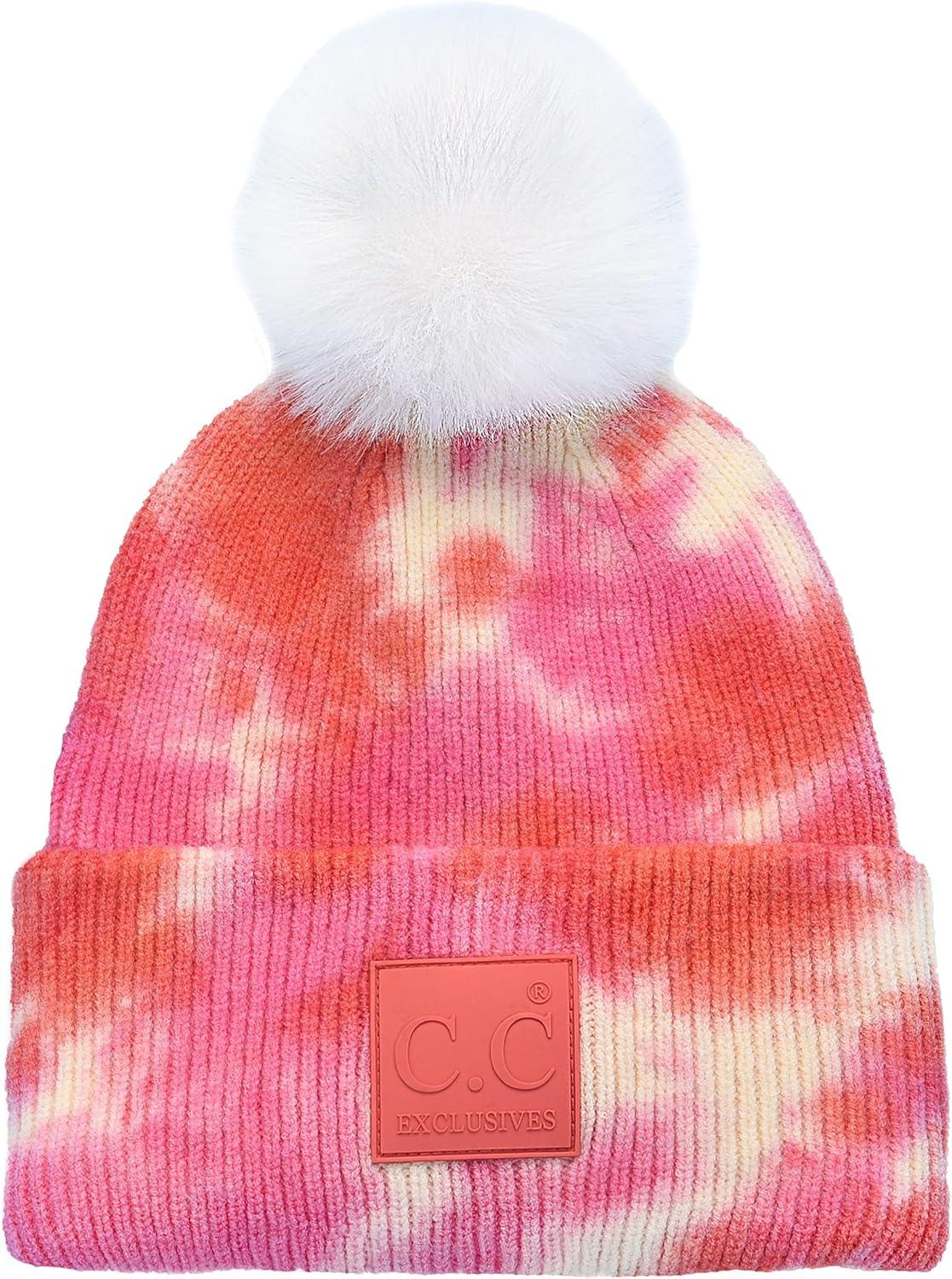 imageCC Knit Beanie with 2 Detachable Matching and Natural Poms  Soft Cuffed Winter Hat Warm Stretchy Skull CapTie Dye Orange  Peach