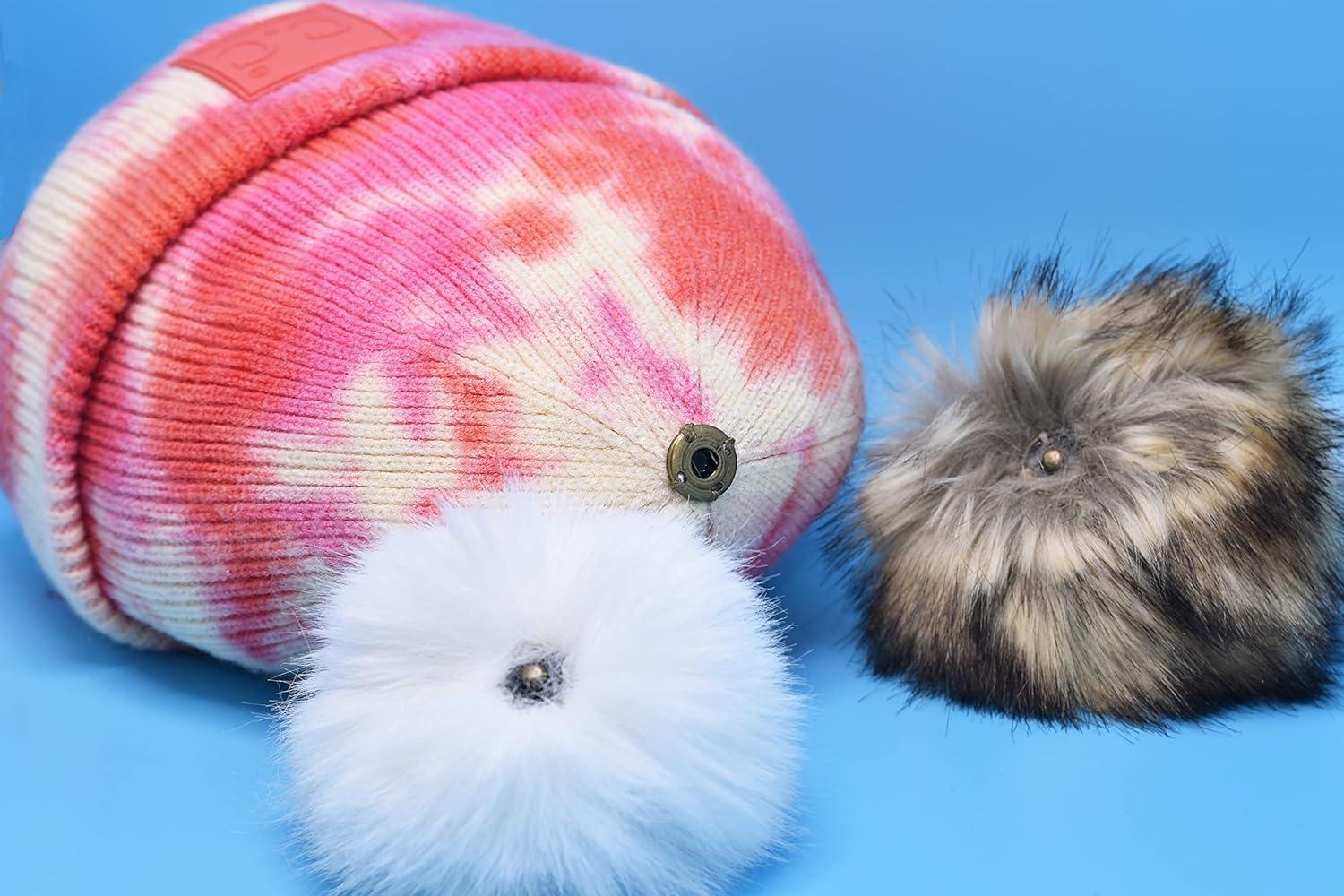 imageCC Knit Beanie with 2 Detachable Matching and Natural Poms  Soft Cuffed Winter Hat Warm Stretchy Skull CapTie Dye Orange  Peach