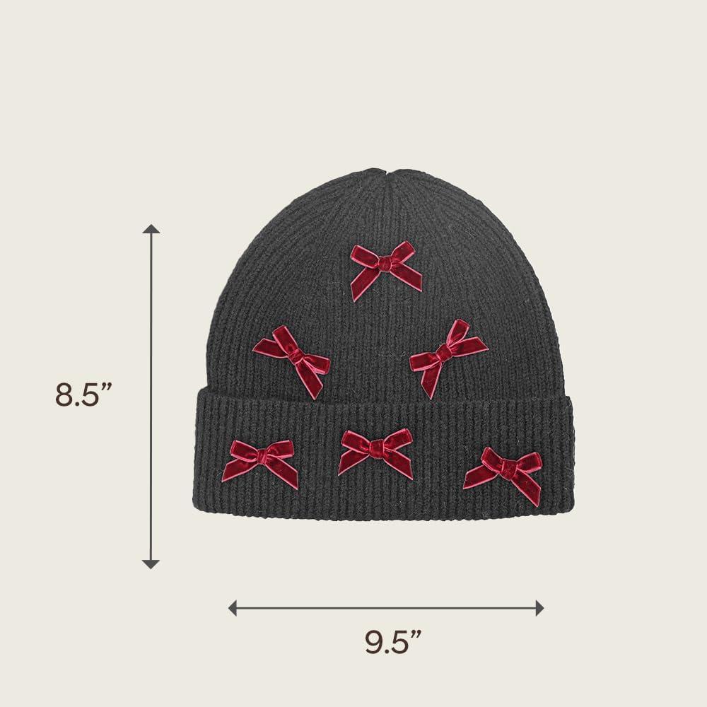 imageCC Knit Mini Velvet Bow Cuff Beanie for WomenBlackBurgundy
