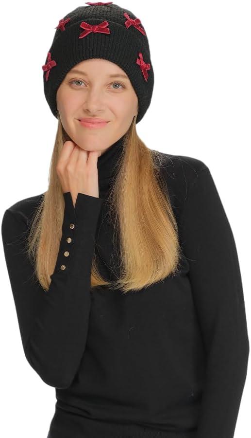 imageCC Knit Mini Velvet Bow Cuff Beanie for WomenBlackBurgundy