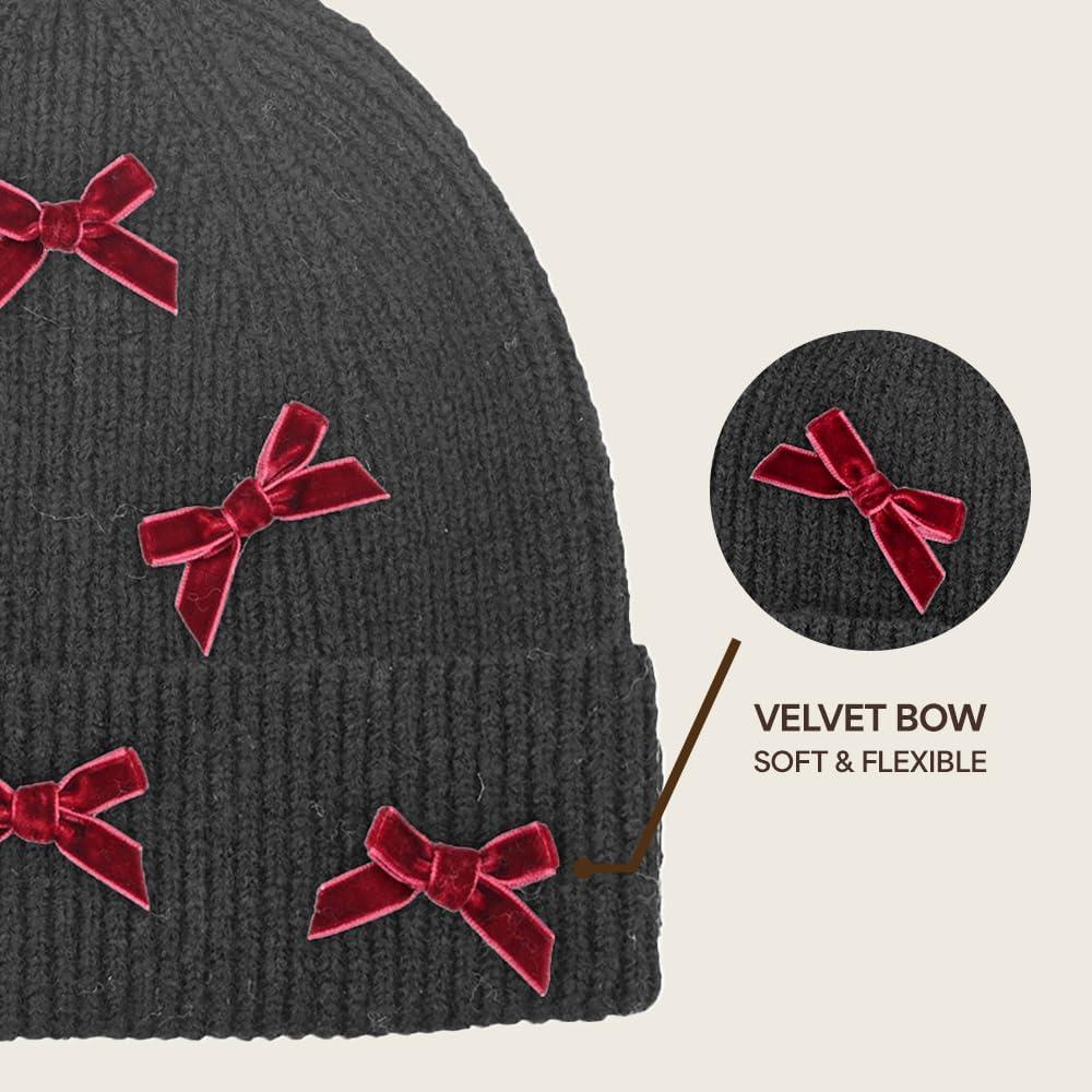 imageCC Knit Mini Velvet Bow Cuff Beanie for WomenBlackBurgundy