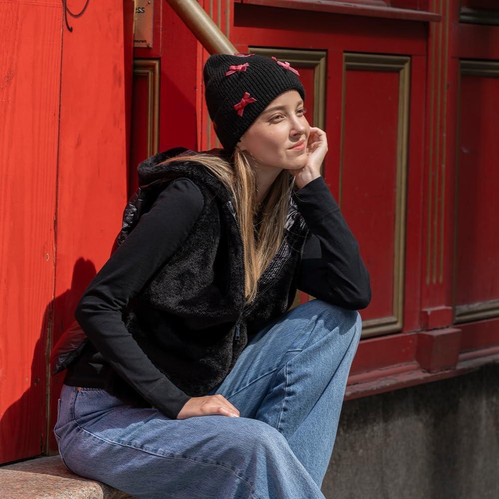 imageCC Knit Mini Velvet Bow Cuff Beanie for WomenBlackBurgundy