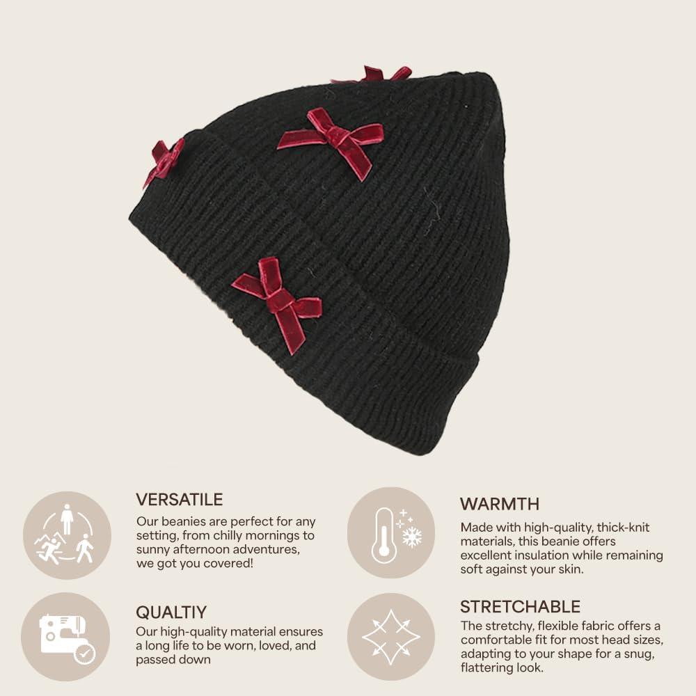 imageCC Knit Mini Velvet Bow Cuff Beanie for WomenBlackBurgundy
