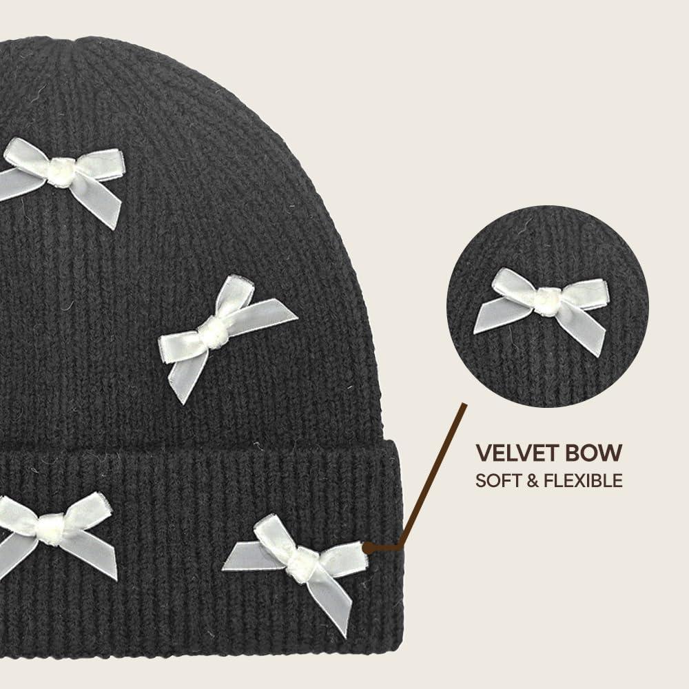 imageCC Knit Mini Velvet Bow Cuff Beanie for WomenBlackIvory