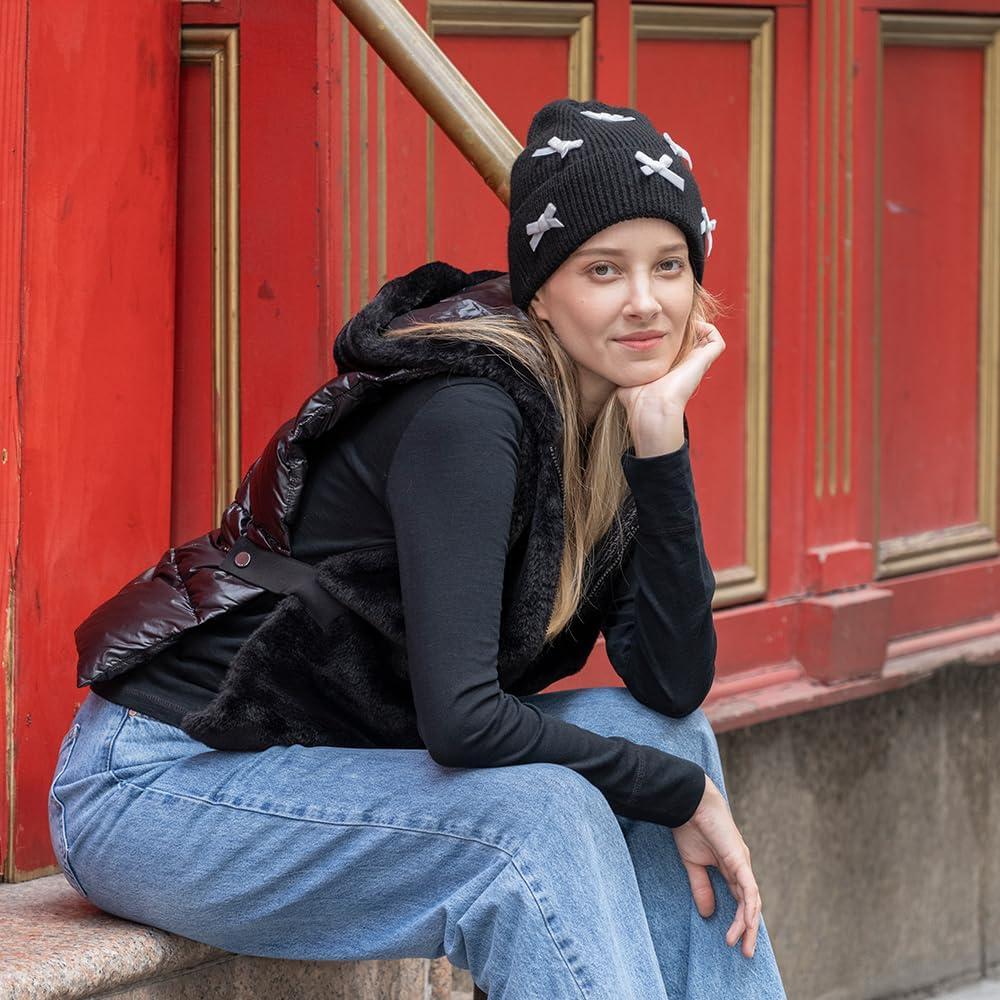 imageCC Knit Mini Velvet Bow Cuff Beanie for WomenBlackIvory
