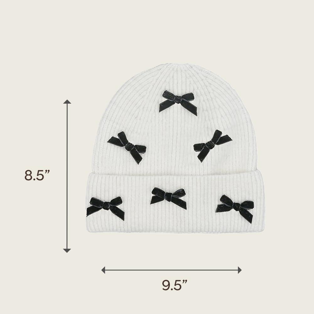imageCC Knit Mini Velvet Bow Cuff Beanie for WomenIvoryBlack