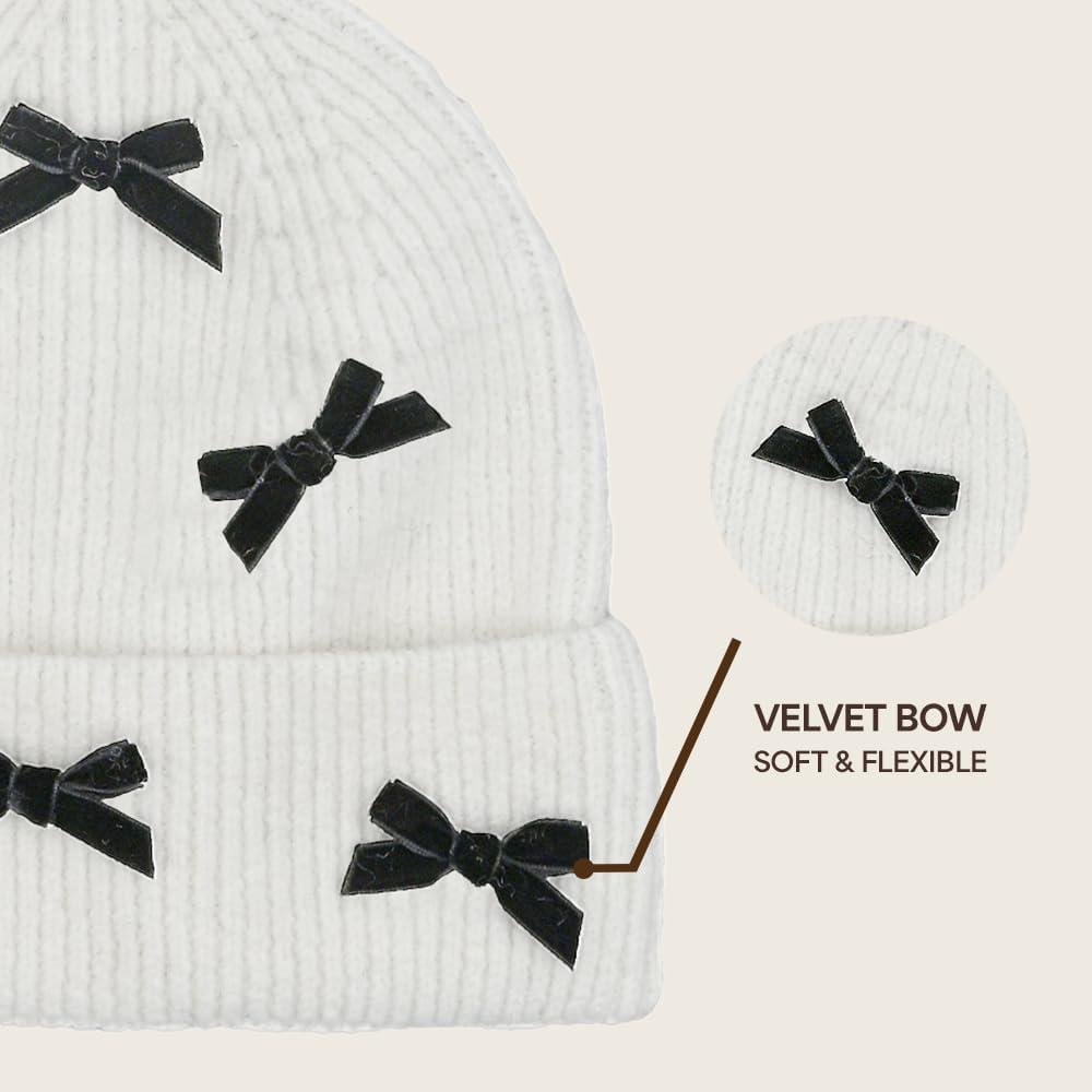 imageCC Knit Mini Velvet Bow Cuff Beanie for WomenIvoryBlack