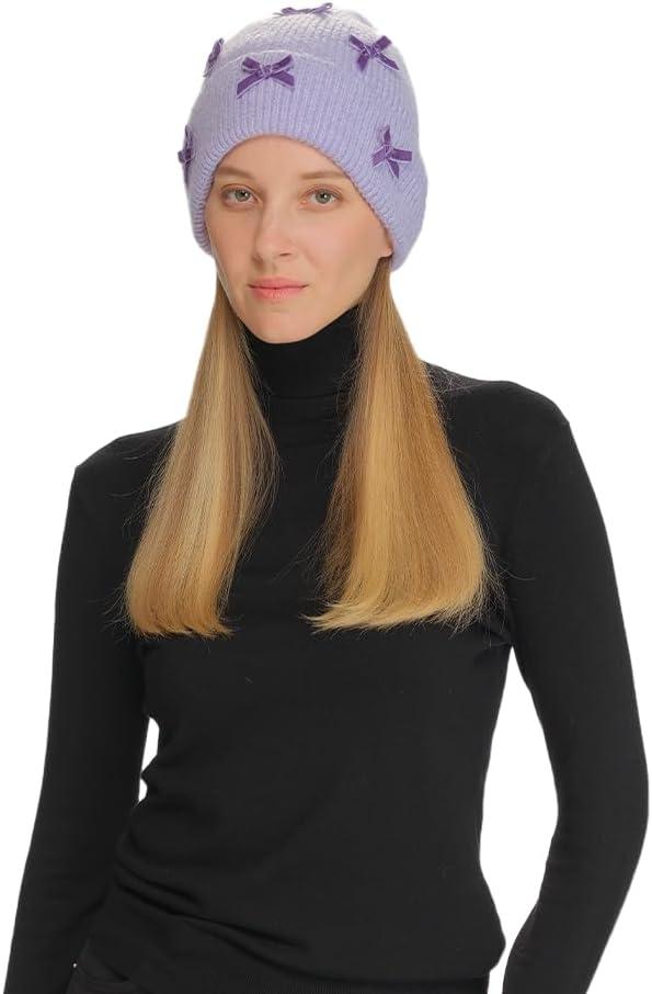 imageCC Knit Mini Velvet Bow Cuff Beanie for WomenLavender