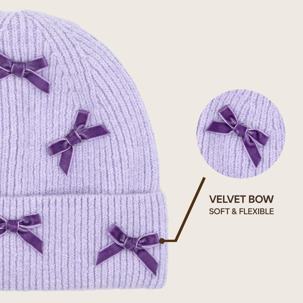 imageCC Knit Mini Velvet Bow Cuff Beanie for WomenLavender