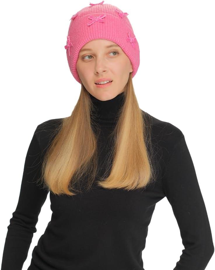 imageCC Knit Mini Velvet Bow Cuff Beanie for WomenPink
