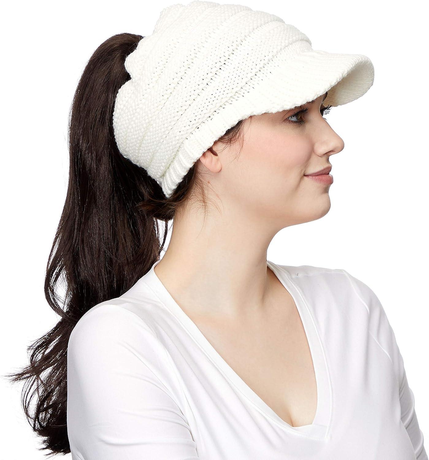 imageCC Messy Bun Ponytail Visor Brim Beanie Hat MB131 Ivory
