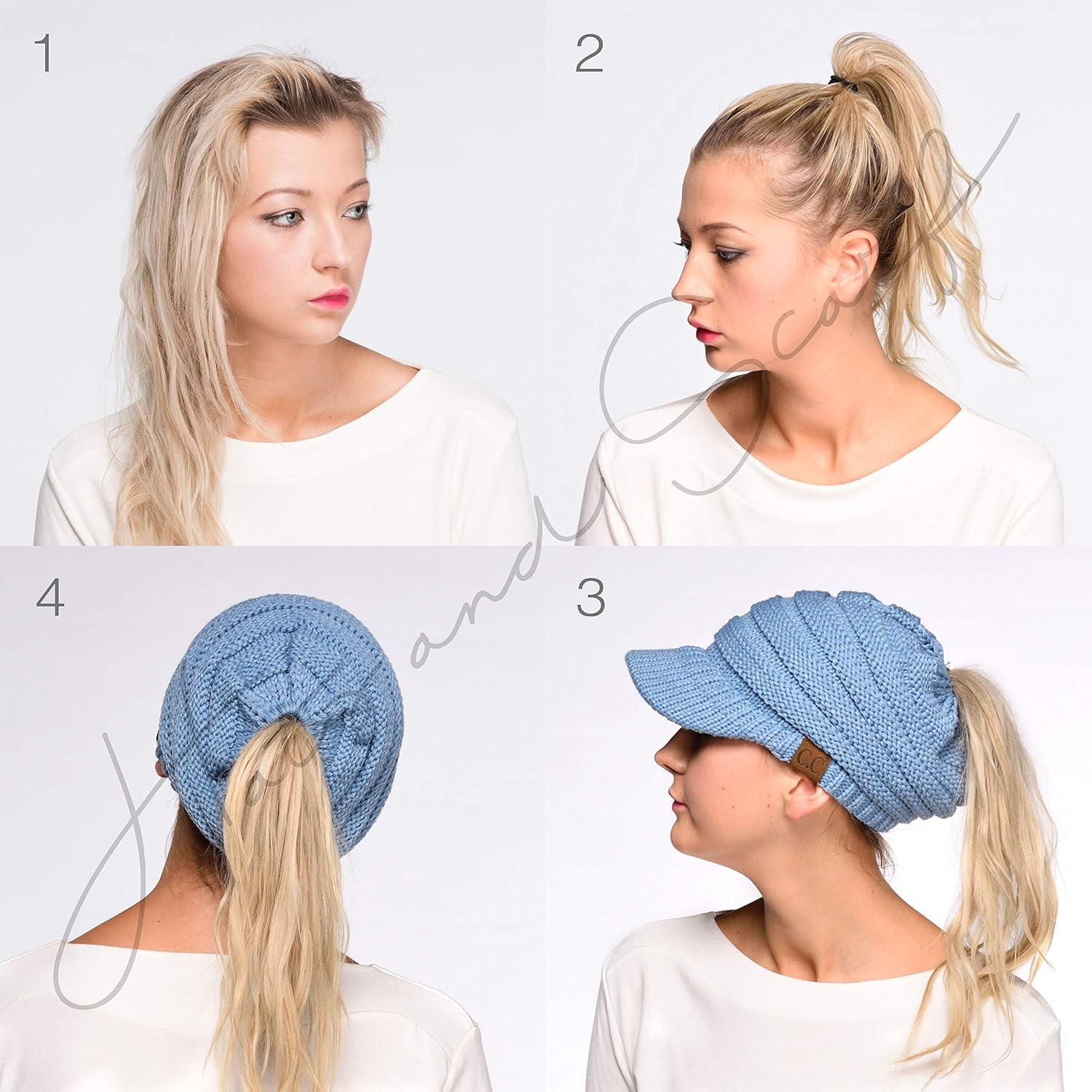 imageCC Messy Bun Ponytail Visor Brim Beanie Hat MB131 Ivory
