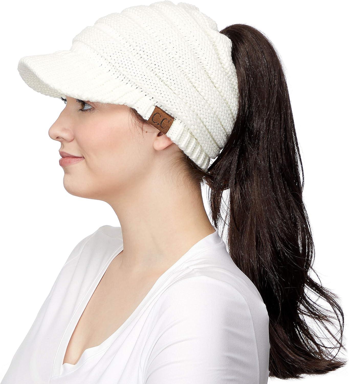 imageCC Messy Bun Ponytail Visor Brim Beanie Hat MB131 Ivory