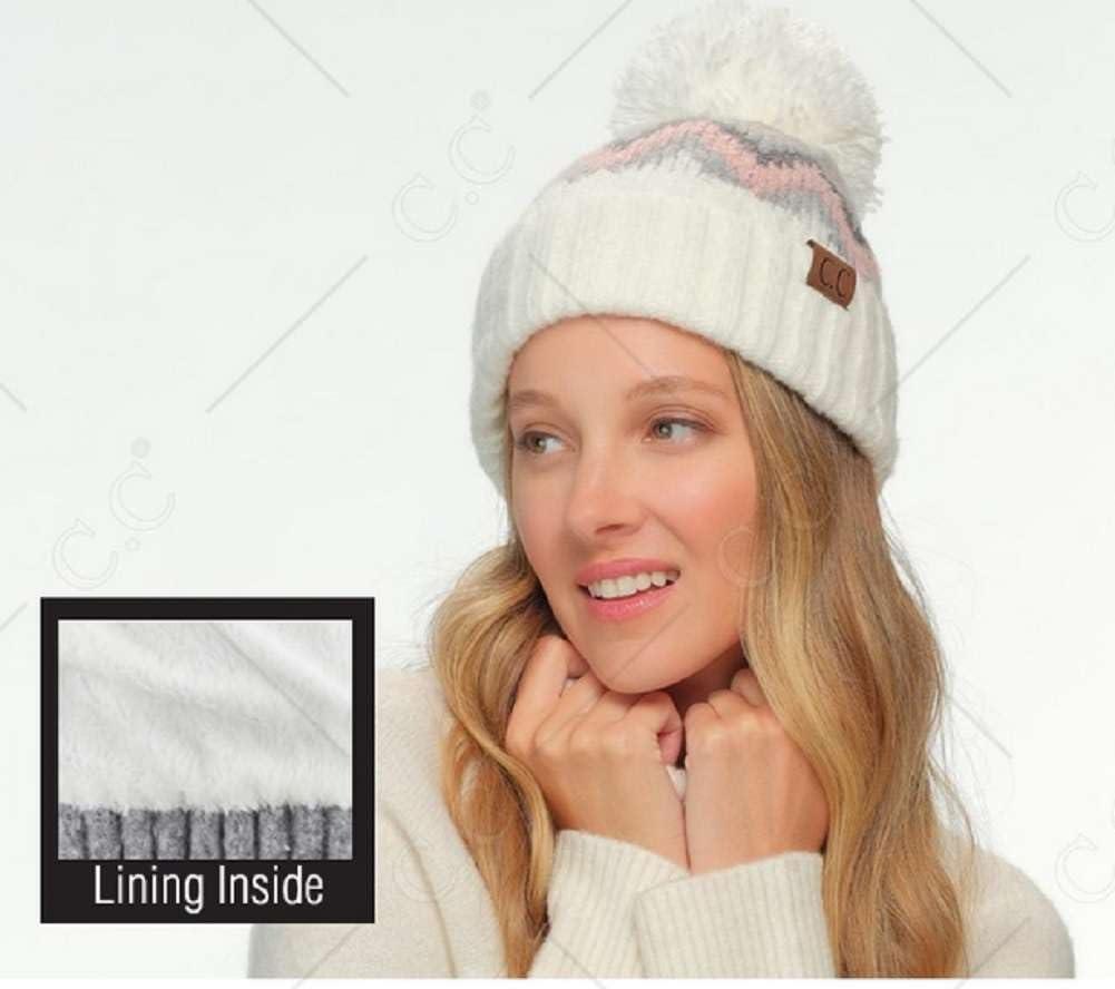 imageCC Multi Blend Pom Soft Fuzzy Lined Thick Knit Cuff Beanie HatAztec Light Melange Gray