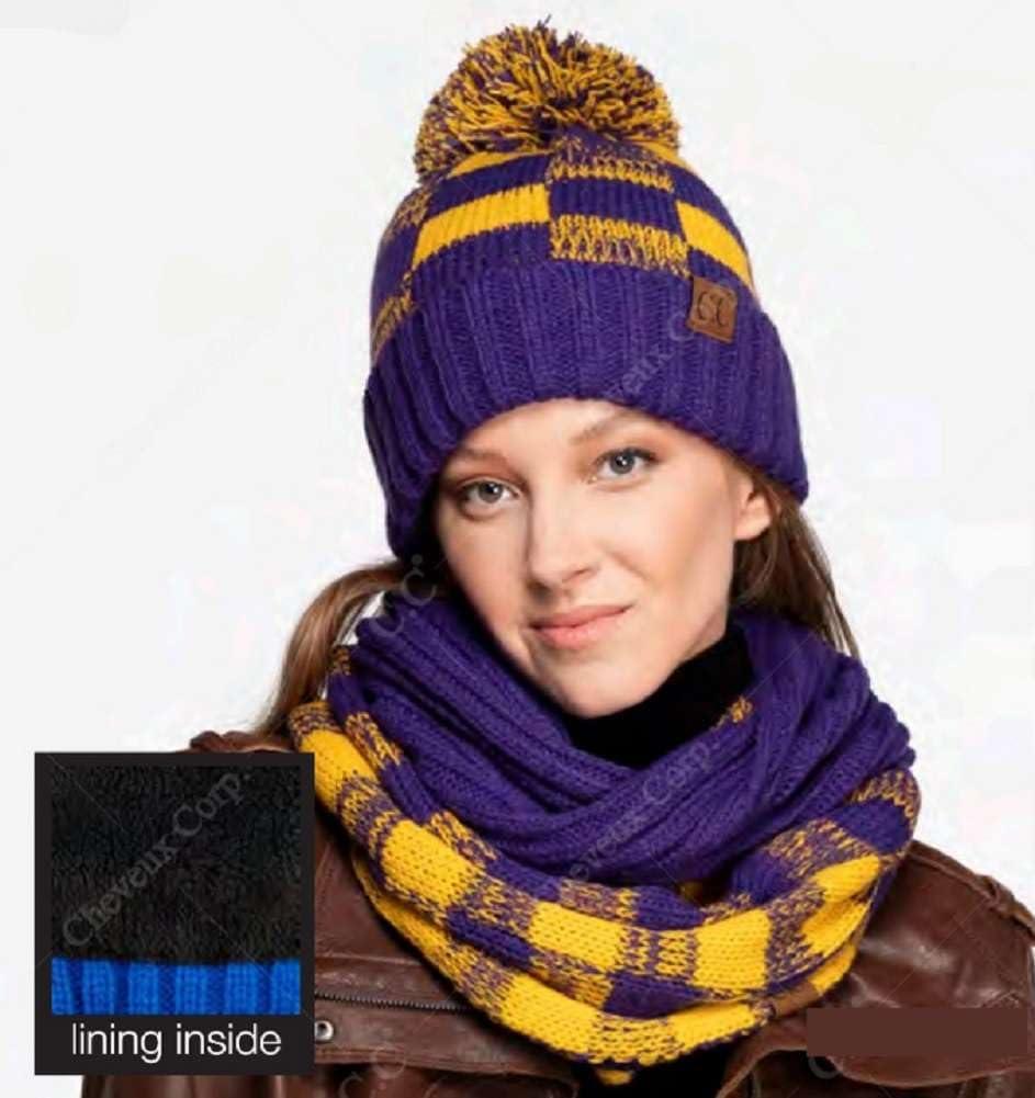 imageCC Multi Blend Pom Soft Fuzzy Lined Thick Knit Cuff Beanie HatCheckered GreenGold
