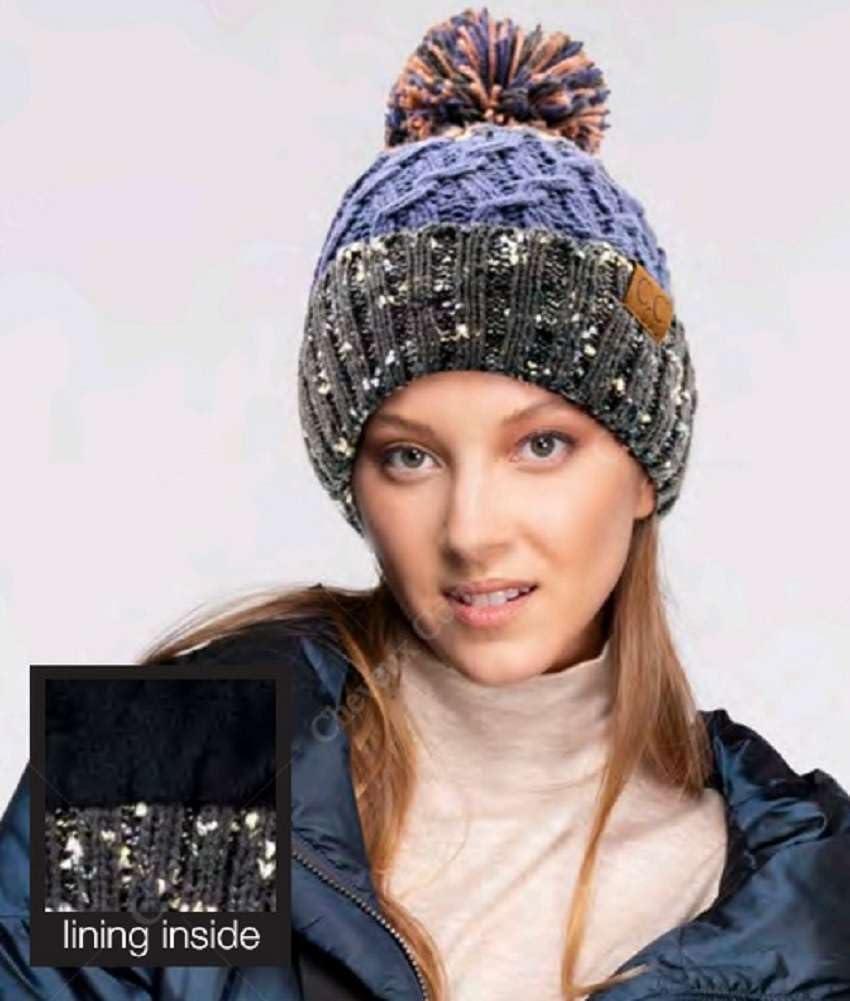 imageCC Multi Blend Pom Soft Fuzzy Lined Thick Knit Cuff Beanie HatDenim Gray