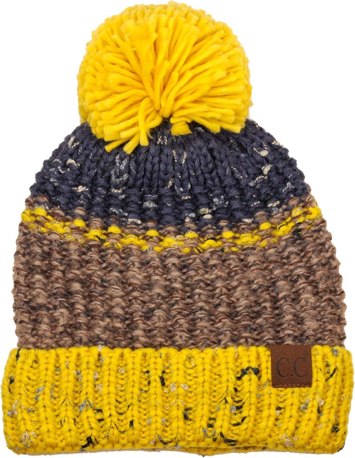 imageCC Multi Blend Pom Soft Fuzzy Lined Thick Knit Cuff Beanie HatMustardCamel