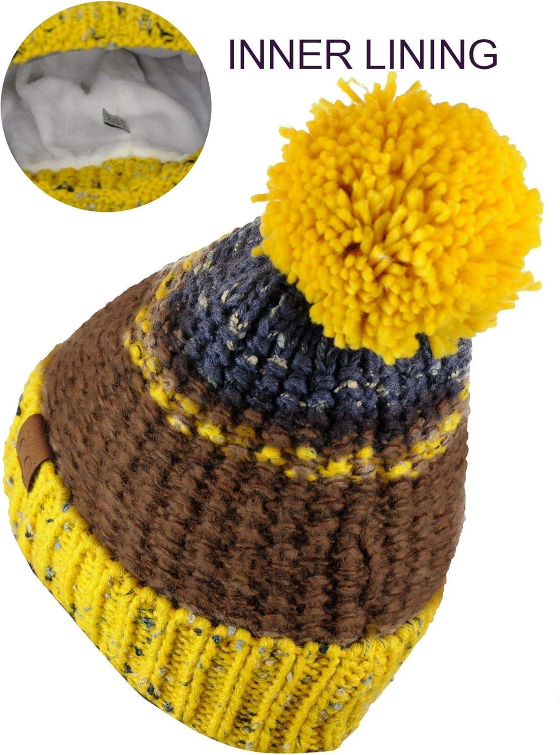 imageCC Multi Blend Pom Soft Fuzzy Lined Thick Knit Cuff Beanie HatMustardCamel