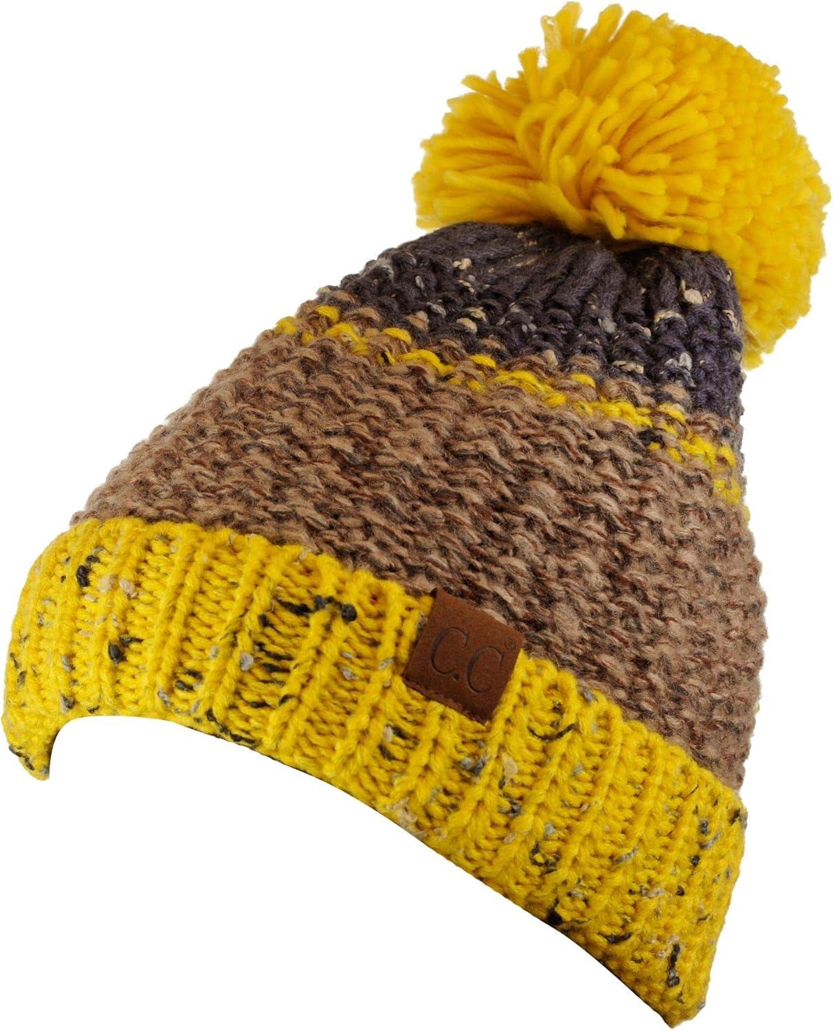 imageCC Multi Blend Pom Soft Fuzzy Lined Thick Knit Cuff Beanie HatMustardCamel