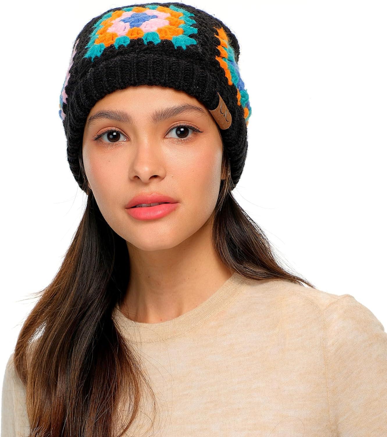 imageCC Multi Color Crochet Beanie ampamp Headwrap for Women Unisex  Stretchable Soft Warm Knit Winter Skully HatBlack