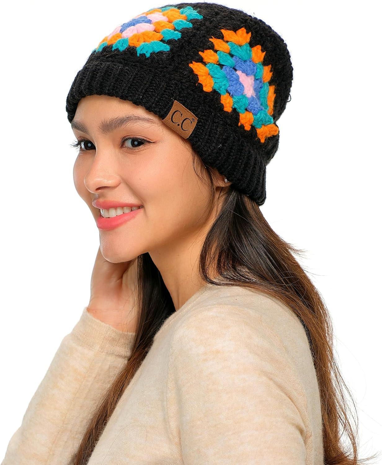 imageCC Multi Color Crochet Beanie ampamp Headwrap for Women Unisex  Stretchable Soft Warm Knit Winter Skully HatBlack