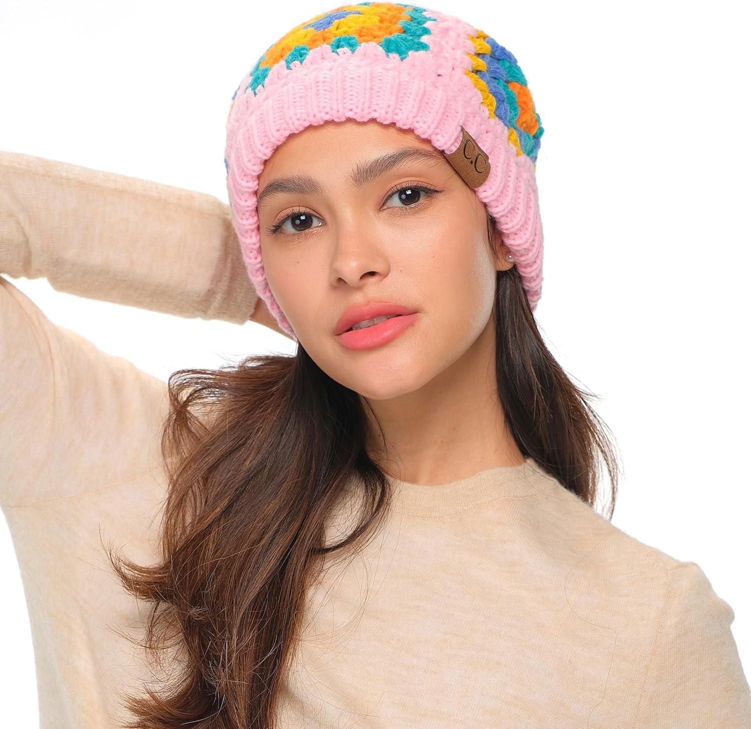 imageCC Multi Color Crochet Beanie ampamp Headwrap for Women Unisex  Stretchable Soft Warm Knit Winter Skully HatPale Pink