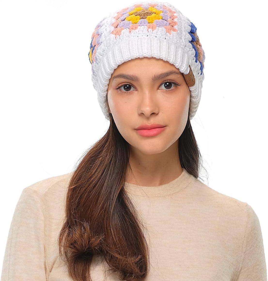 imageCC Multi Color Crochet Beanie ampamp Headwrap for Women Unisex  Stretchable Soft Warm Knit Winter Skully HatWhite