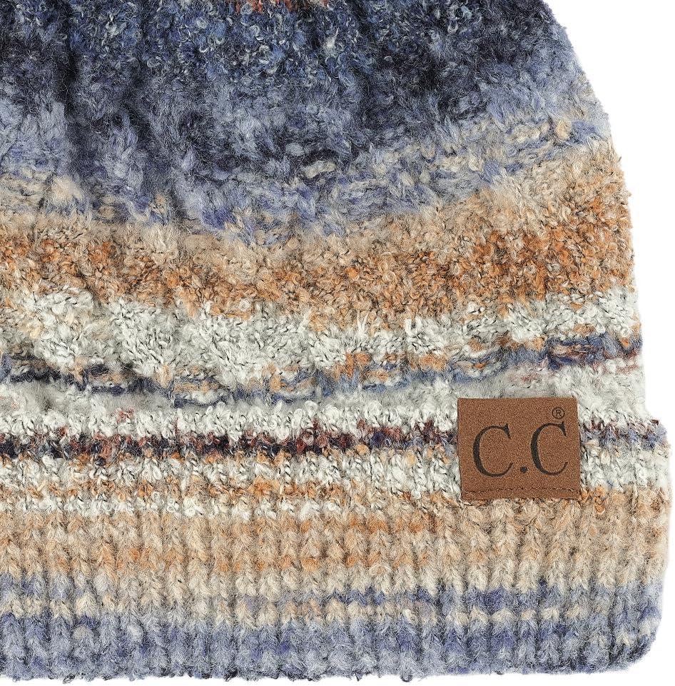imageCC Multi Color Space Dye Wool Stretchable Soft Warm Pom Beanie with Faux Fur Pom Knit Winter Skully HatDenim Combo