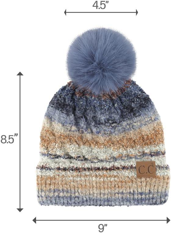 imageCC Multi Color Space Dye Wool Stretchable Soft Warm Pom Beanie with Faux Fur Pom Knit Winter Skully HatDenim Combo