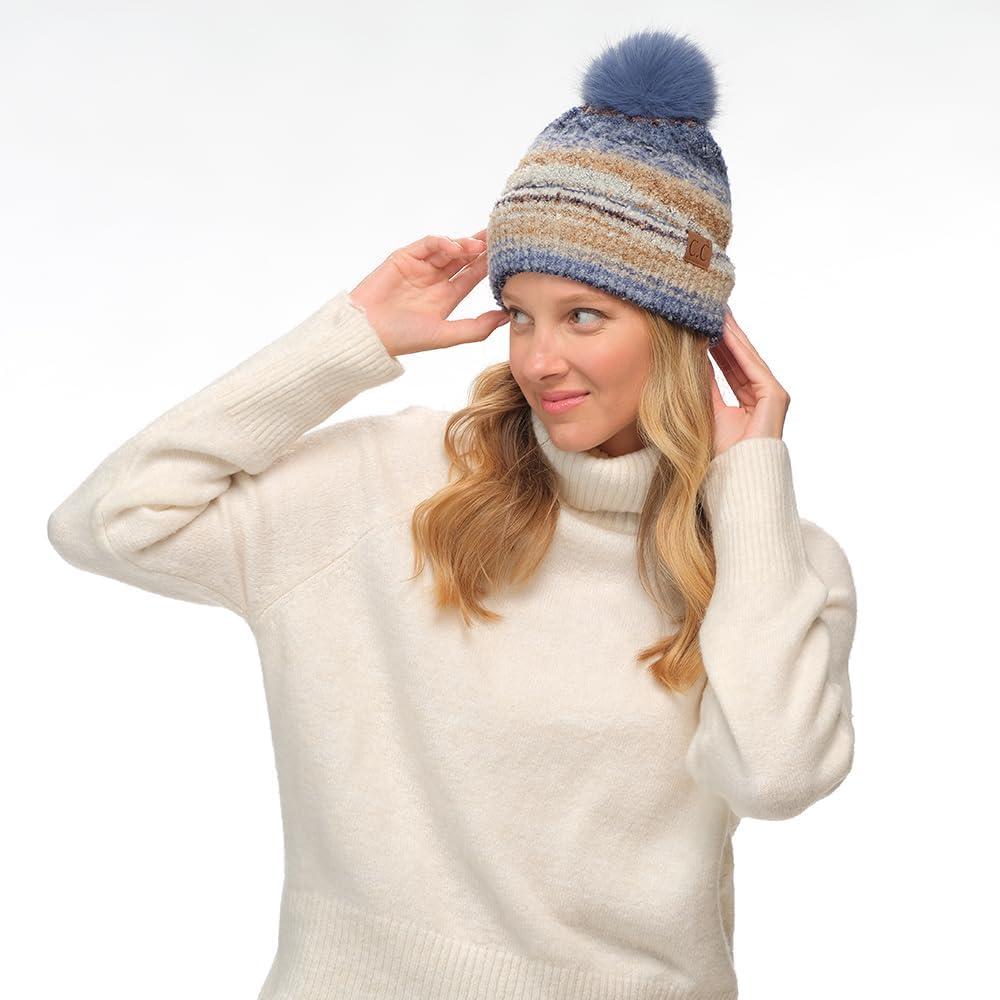 imageCC Multi Color Space Dye Wool Stretchable Soft Warm Pom Beanie with Faux Fur Pom Knit Winter Skully HatDenim Combo