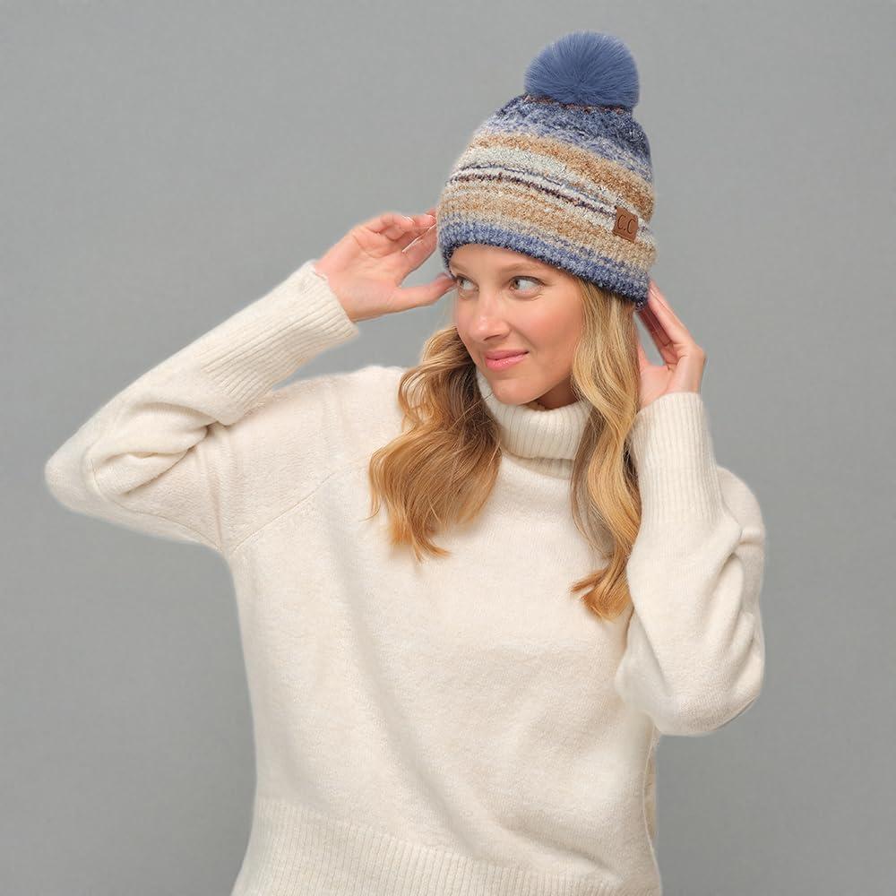 imageCC Multi Color Space Dye Wool Stretchable Soft Warm Pom Beanie with Faux Fur Pom Knit Winter Skully HatDenim Combo