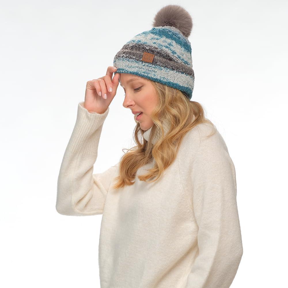 imageCC Multi Color Space Dye Wool Stretchable Soft Warm Pom Beanie with Faux Fur Pom Knit Winter Skully HatGrey Combo