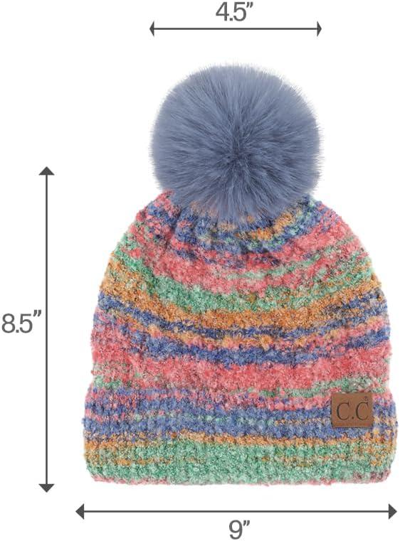 imageCC Multi Color Space Dye Wool Stretchable Soft Warm Pom Beanie with Faux Fur Pom Knit Winter Skully HatRed Combo