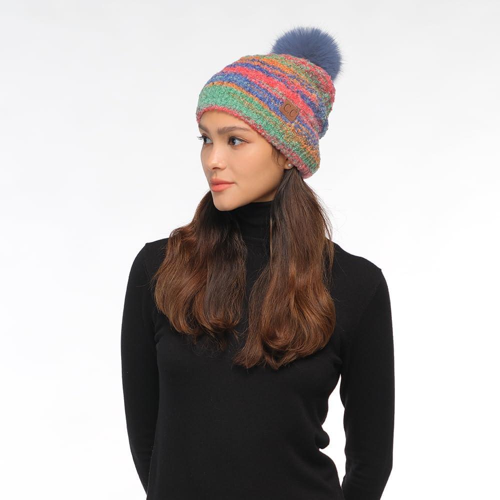 imageCC Multi Color Space Dye Wool Stretchable Soft Warm Pom Beanie with Faux Fur Pom Knit Winter Skully HatRed Combo