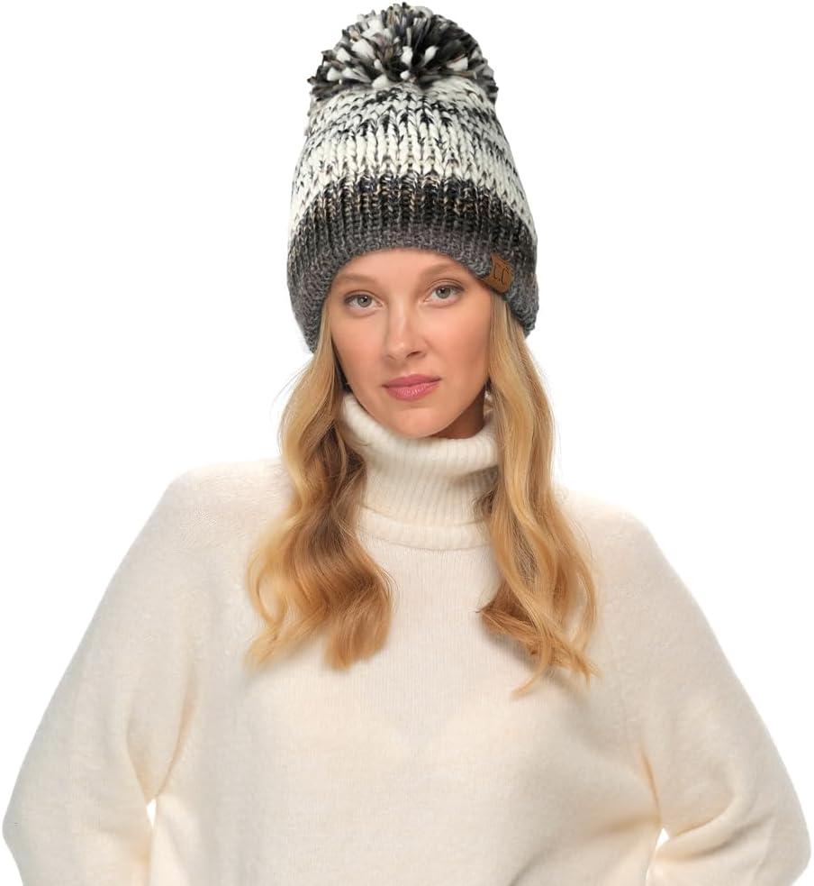 imageCC Multi Color Yarn Pom Beanie for Women Unisex  Acrylic Stretchable Soft Warm Knit Winter Skully Hat with Yarn PomBlack  Grey Mix