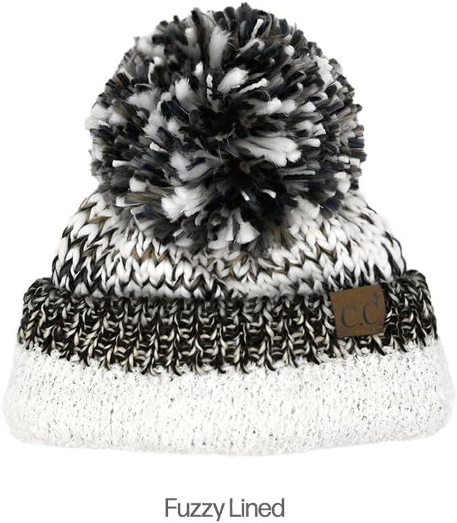 imageCC Multi Color Yarn Pom Beanie for Women Unisex  Acrylic Stretchable Soft Warm Knit Winter Skully Hat with Yarn PomBlack  Grey Mix