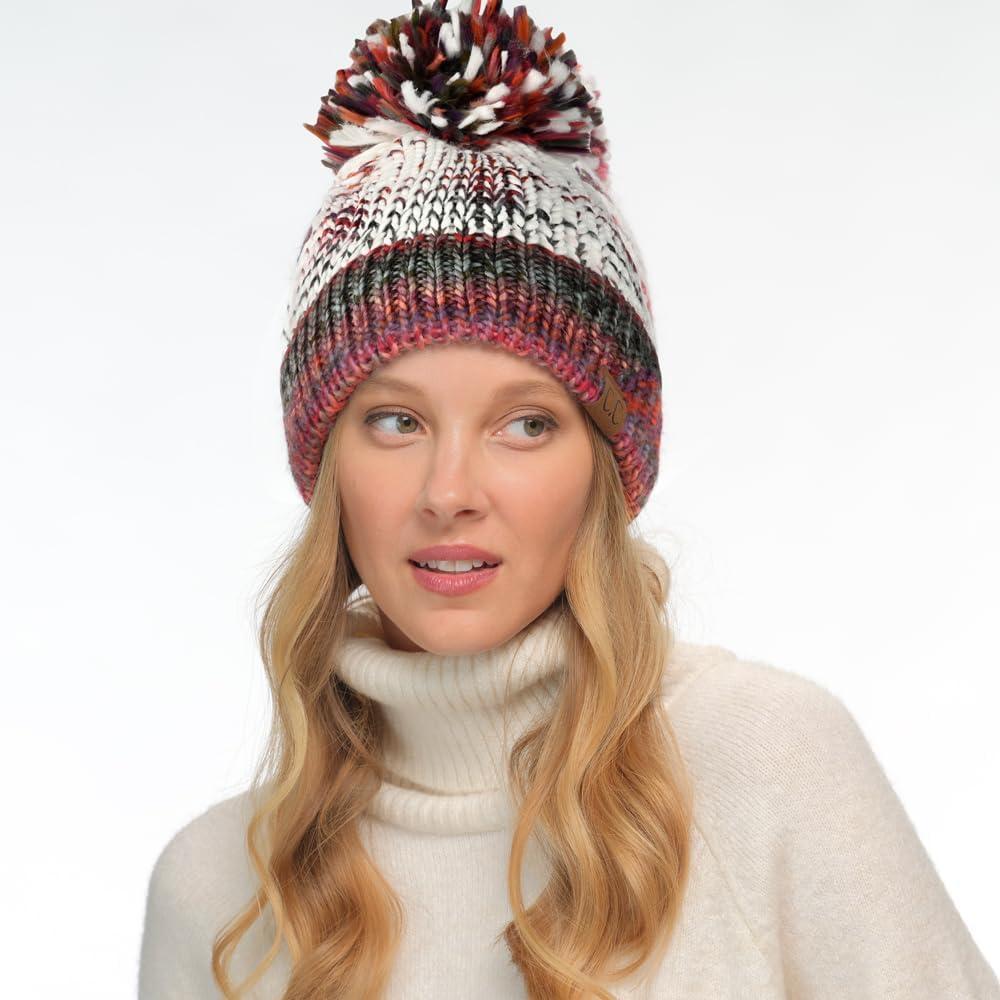 imageCC Multi Color Yarn Pom Beanie for Women Unisex  Acrylic Stretchable Soft Warm Knit Winter Skully Hat with Yarn PomRust Mix