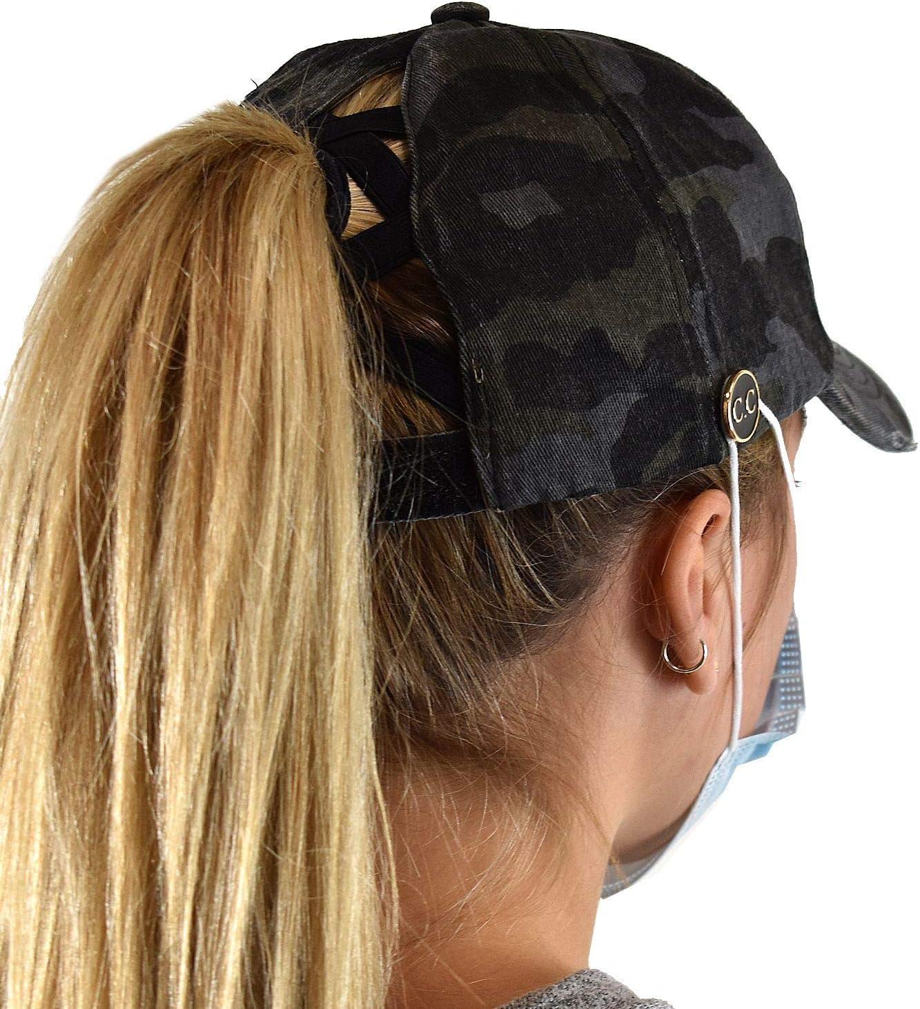 imageCC Ponycap Criss Cross Messy Bun Side Button for Mask Adjustable Baseball CapBlack Camo