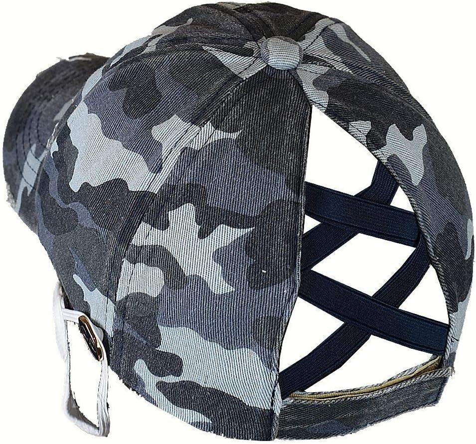 imageCC Ponycap Criss Cross Messy Bun Side Button for Mask Adjustable Baseball CapBlue Camo