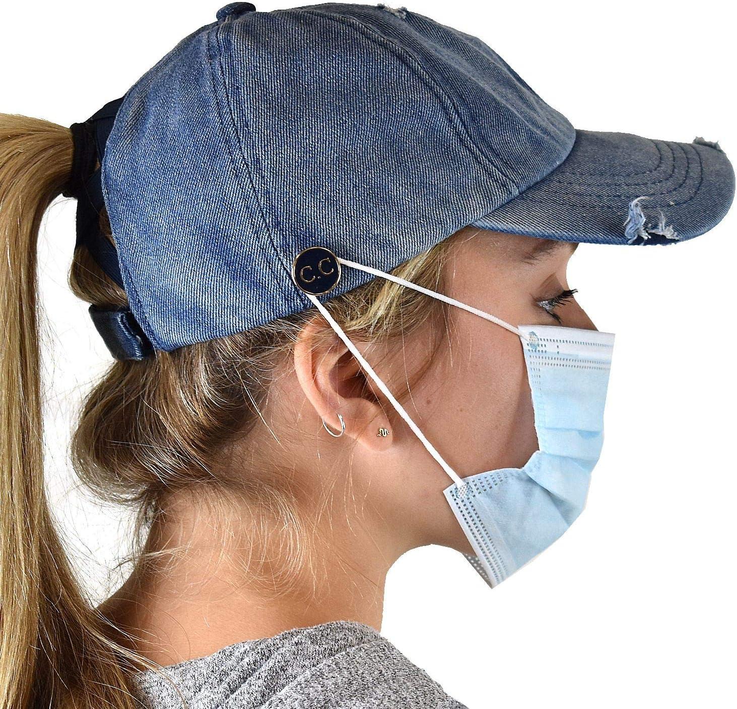 imageCC Ponycap Criss Cross Messy Bun Side Button for Mask Adjustable Baseball CapDenim