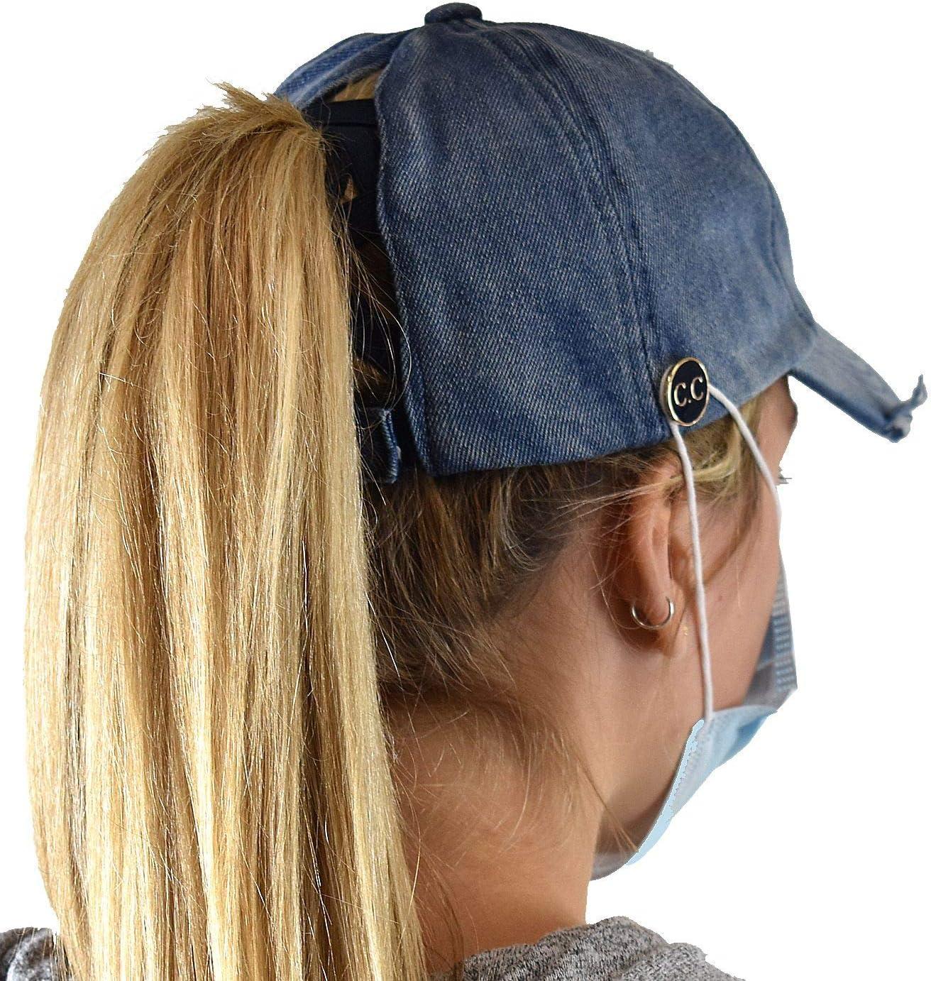 imageCC Ponycap Criss Cross Messy Bun Side Button for Mask Adjustable Baseball CapDenim