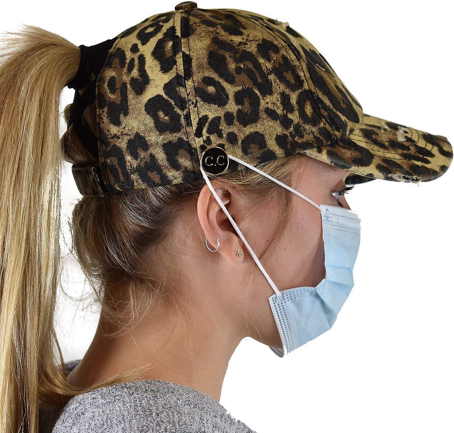 imageCC Ponycap Criss Cross Messy Bun Side Button for Mask Adjustable Baseball CapLeopard
