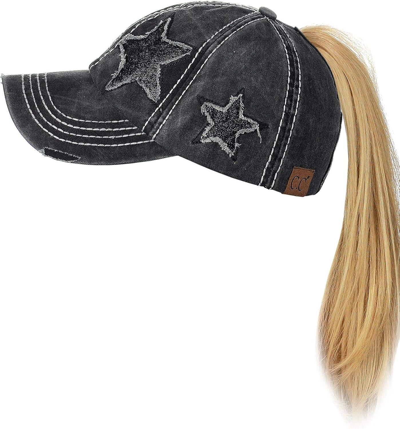 imageCC Ponycap Messy High Bun Ponytail Adjustable Glitter Star Distressed Baseball Cap HatBlack