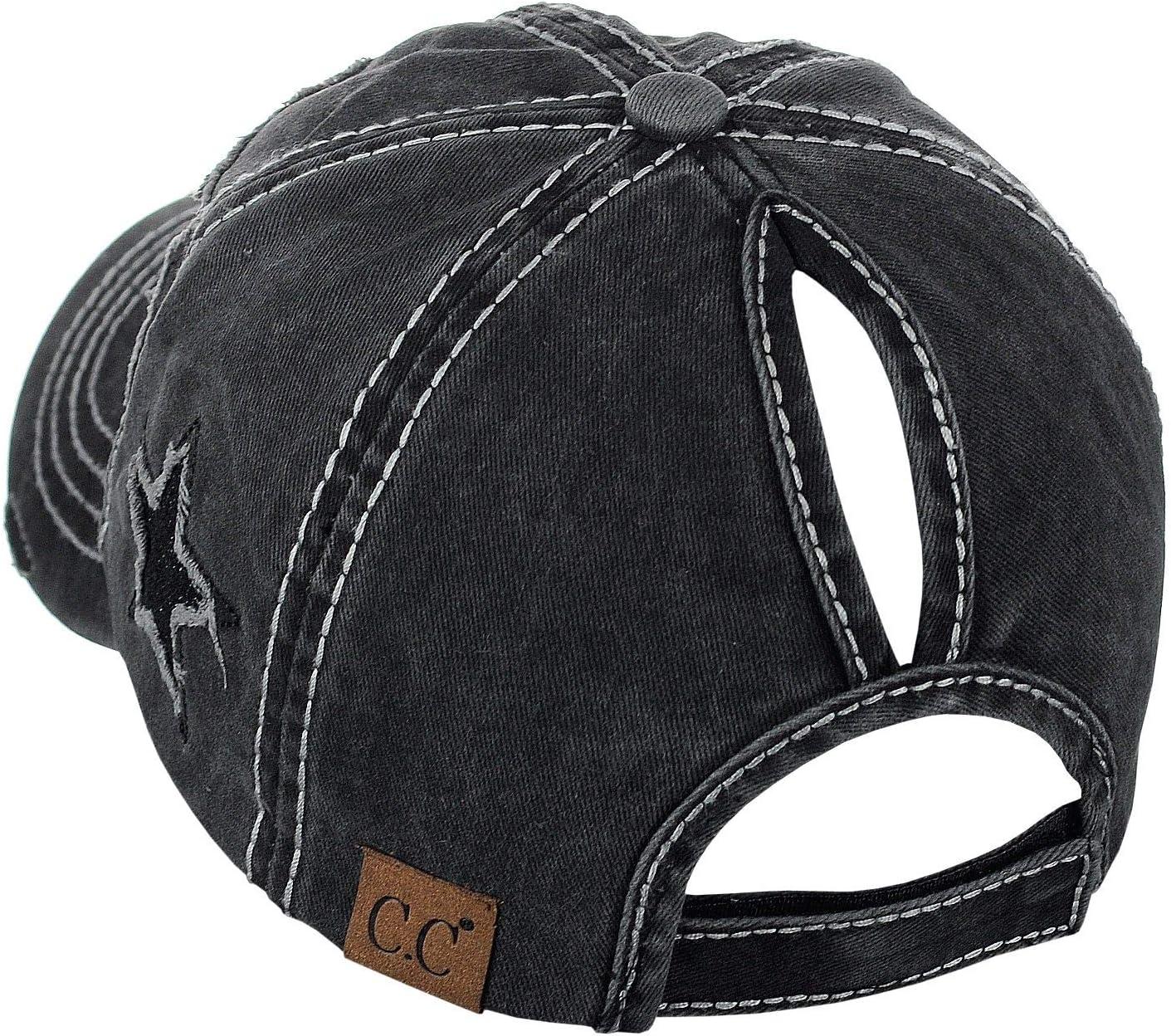 imageCC Ponycap Messy High Bun Ponytail Adjustable Glitter Star Distressed Baseball Cap HatBlack