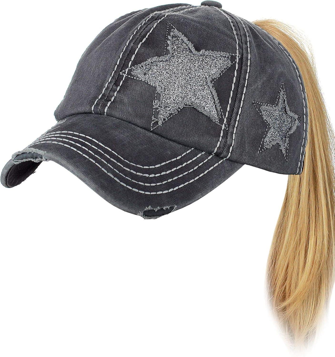 imageCC Ponycap Messy High Bun Ponytail Adjustable Glitter Star Distressed Baseball Cap HatGrey
