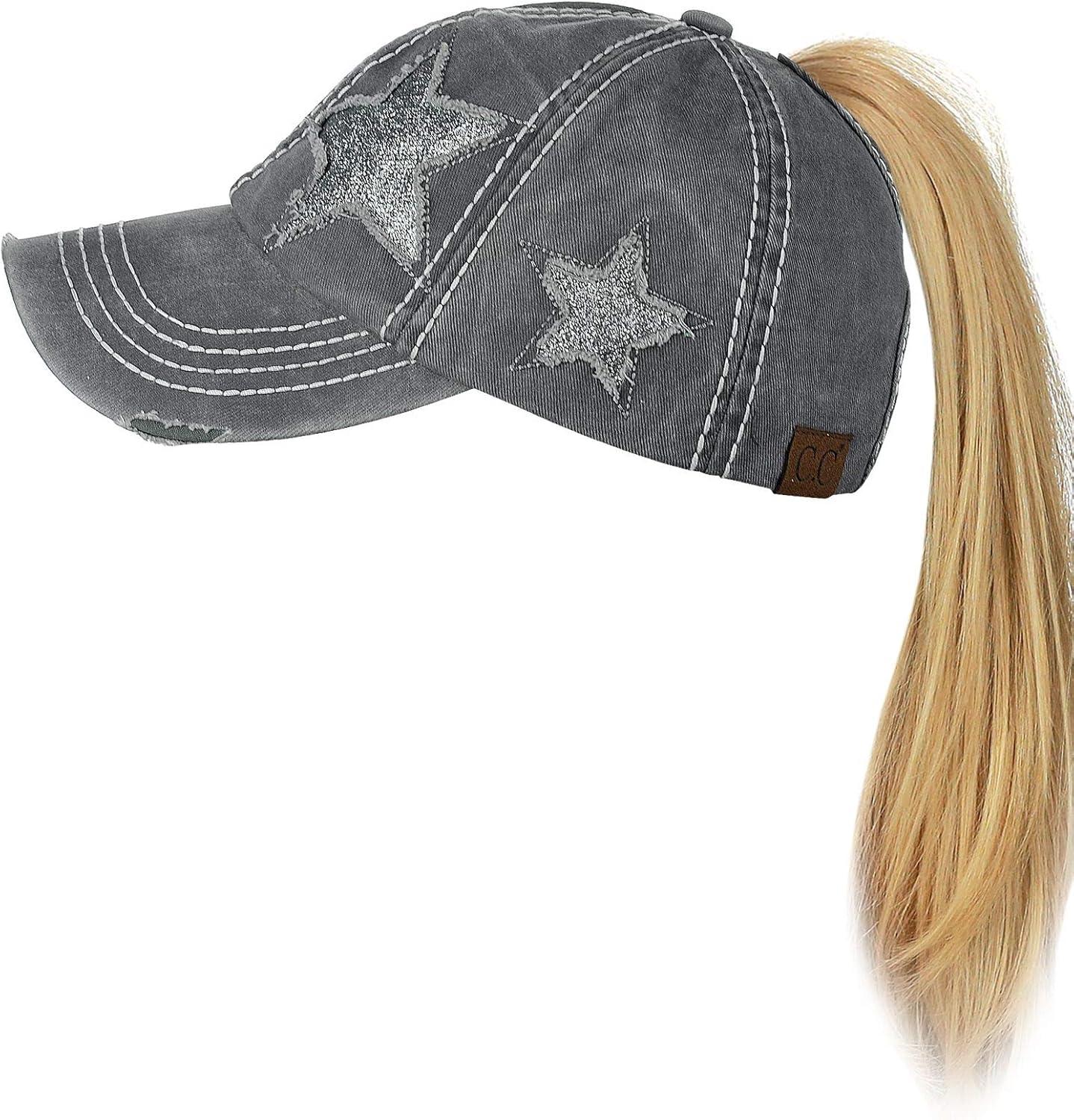 imageCC Ponycap Messy High Bun Ponytail Adjustable Glitter Star Distressed Baseball Cap HatGrey