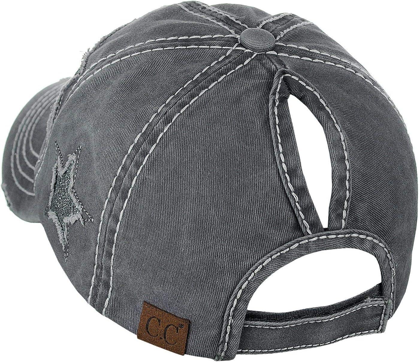 imageCC Ponycap Messy High Bun Ponytail Adjustable Glitter Star Distressed Baseball Cap HatGrey